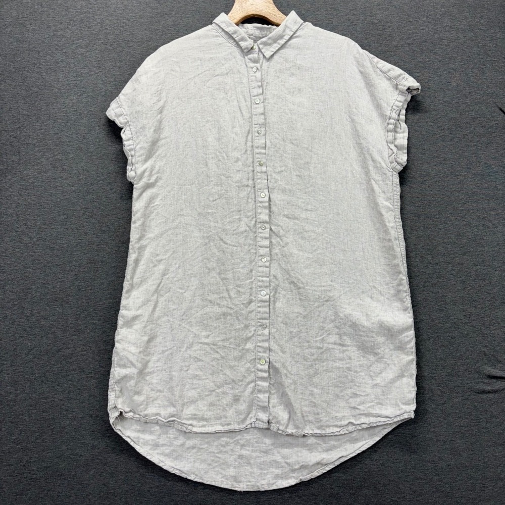 T Tahari Tunic Shirt Womens 1X 100%‎ Linen Button Front Cap Sleeve Gray coastal